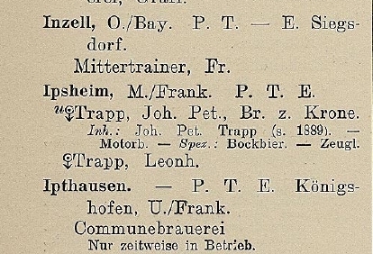 Auszug aus dem Brauerei-Adreßbuch von 1910, vor der Gründung des Brauhaus Ipsheim