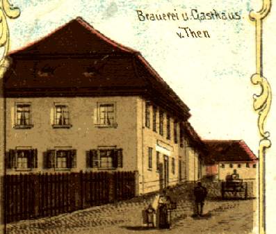 Brauerei und Gasthaus von Then, Ausschnitt einer Postkarte um 1900