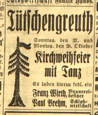 Zeitungsanzeige zur Kirchweih, 30er Jahre